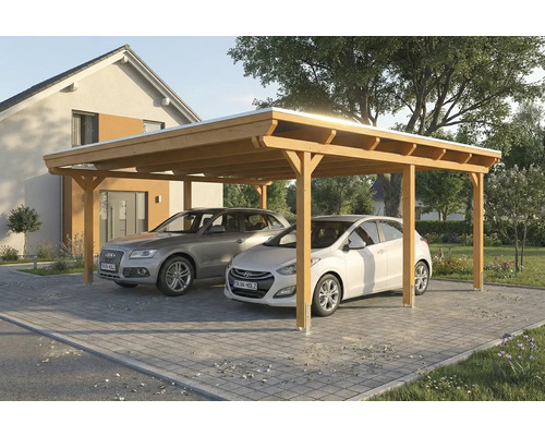 Doppelcarport aus Holz mit zwei geparkten Autos