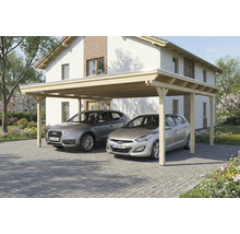 Doppelcarport aus Holz mit zwei Autos vor einem Haus