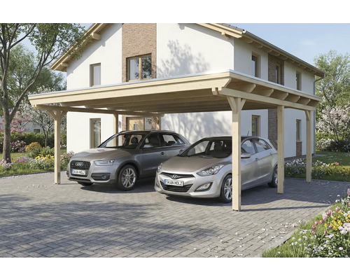 Doppelcarport aus Holz mit zwei Autos vor einem Haus