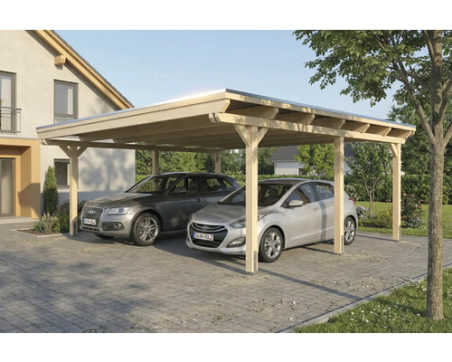 Doppelcarport aus Holz mit zwei Autos