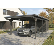 Auto unter einem dunklen Holzzaun mit Geräteschuppen