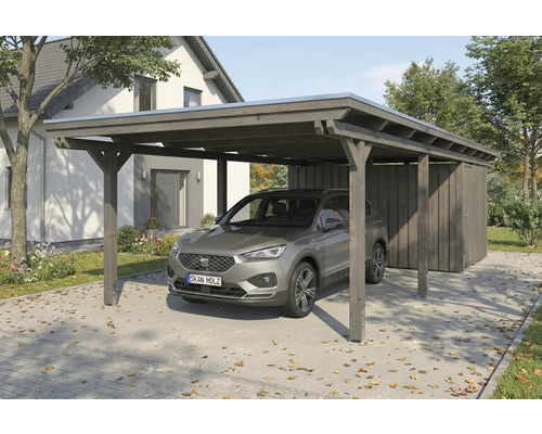 Holz Carport mit Geräteraum und Auto