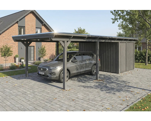 Carport aus Holz mit Geräteschuppen und Auto auf gepflastertem Hof
