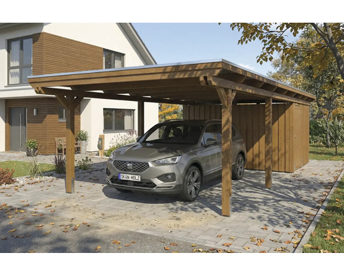 Holzcarport mit Geräteschuppen und geparktem Auto