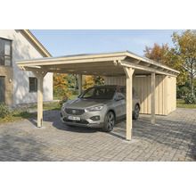 Holzcarport mit Geräteraum und einem Auto darunter