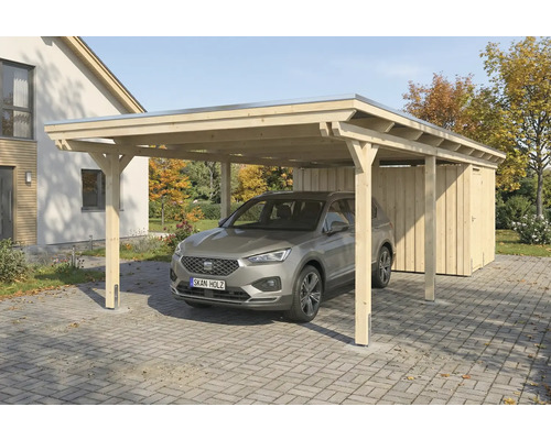 Holzcarport mit Geräteraum und einem Auto darunter