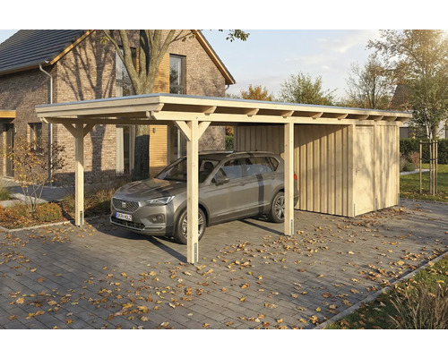 Carport aus Holz mit angrenzendem Abstellraum und Auto auf gepflastertem Hof
