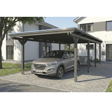 Carport aus Holz mit Auto und Anhänger