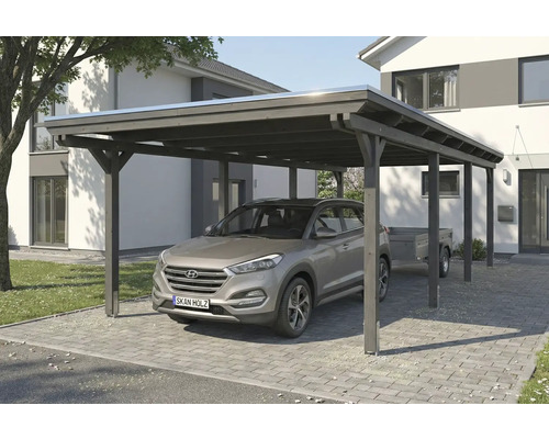 Carport aus Holz mit Auto und Anhänger