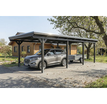 Carport aus Holz mit Auto und Anhänger