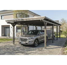 Holzcarport mit Auto und Anhänger