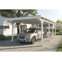 Weißer Holzcarport mit Auto und Anhänger