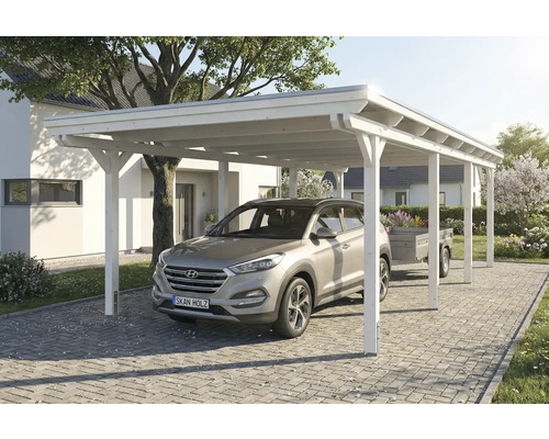 Weißer Holzcarport mit Auto und Anhänger