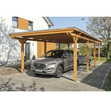 Holz Carport mit Auto und Anhänger vor einem Haus