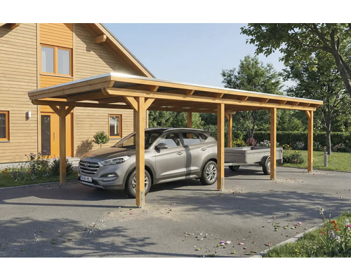 Carport aus Holz mit Auto und Anhänger vor einem Haus