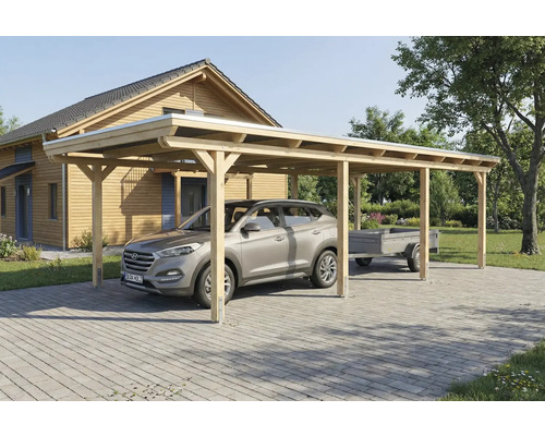 Holzcarport mit Auto und Anhänger auf gepflastertem Untergrund vor einem Haus