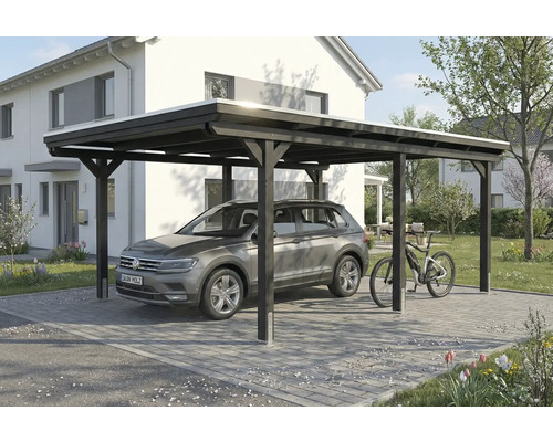 Carport aus Holz mit Auto und Fahrrad auf der Einfahrt