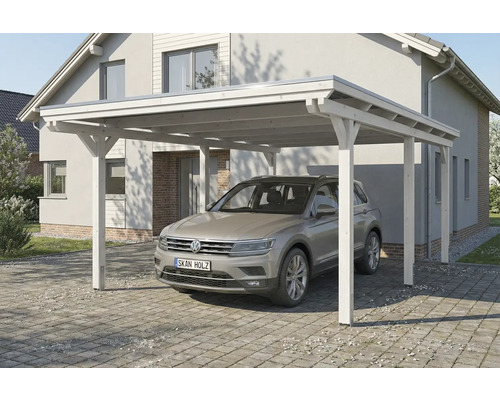 Einzelcarport SKAN HOLZ Emsland inkl. Pfostenanker 402 x 604 cm weiß Carport aus Holz mit Auto vor Wohnhaus