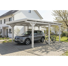 Carport aus Holz mit Auto und Fahrrad