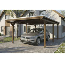 Carport aus Holz mit Auto vor einem Haus