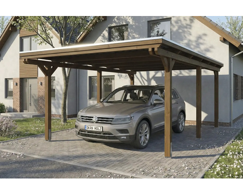Carport aus Holz mit Auto vor einem Haus