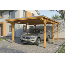 Carport aus Holz mit Auto auf der Einfahrt