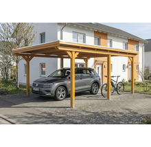 Carport aus Holz mit Auto und Fahrrad