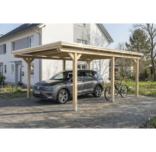 Carport aus Holz mit Auto und Fahrrad