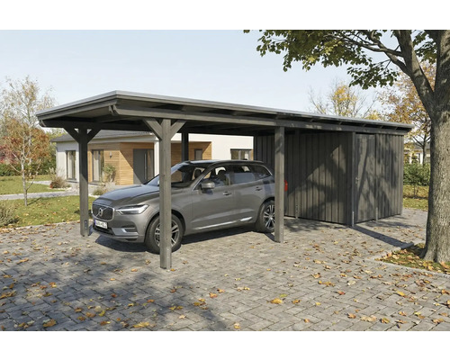 Carport mit Geräteraum und Auto auf gepflastertem Hof