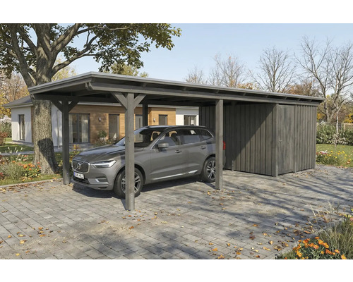 Carport mit Geräteraum und geparktem Auto auf gepflastertem Untergrund