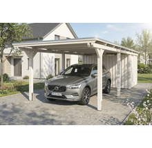 Auto unter Carport aus Holz mit Geräteschuppen