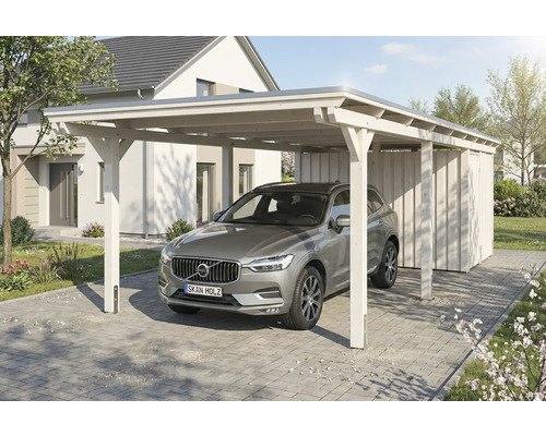 Auto unter Carport aus Holz mit Geräteschuppen