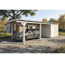 Holzcarport mit Geräteraum und geparktem Auto