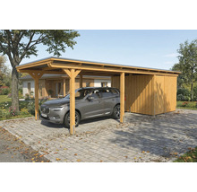 Carport aus Holz mit Geräteschuppen und geparktem Auto