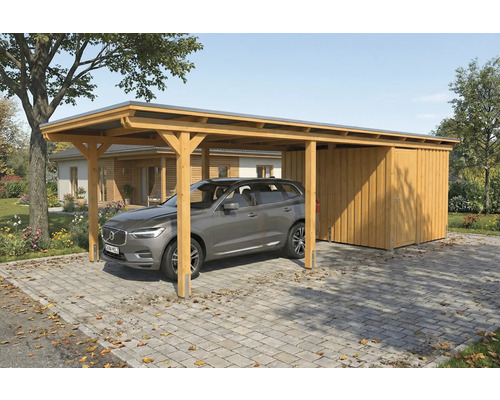 Carport aus Holz mit Geräteschuppen und geparktem Auto