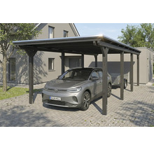 Carport aus Holz mit Auto und Anhänger