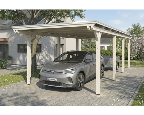 Carport aus Holz mit Auto und Anhänger auf der Einfahrt