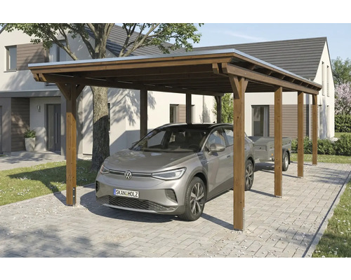 Carport aus Holz mit Auto und Anhänger vor einem Wohnhaus