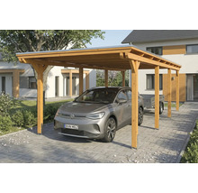 Carport aus Holz mit Auto und Anhänger