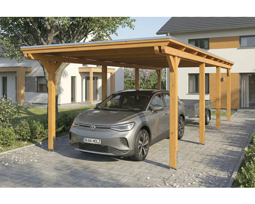 Carport aus Holz mit Auto und Anhänger