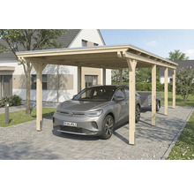 Holz Carport mit PKW und Anhänger