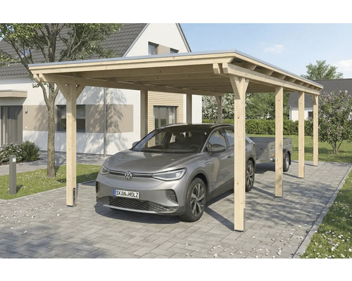 Holz Carport mit PKW und Anhänger
