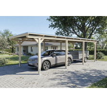 Carport aus Holz mit Auto und Anhänger