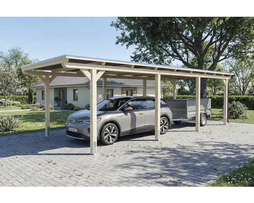 Carport aus Holz mit Auto und Anhänger