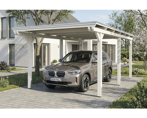 Auto unter einem weißen Holz Carport