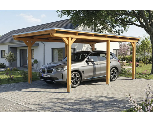 Einzelcarport aus Holz mit untergestelltem Auto vor Wohnhaus