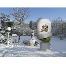 Winterlandschaft mit Pflanzenschutzsack mit Hundemotiv zum Schutz von Pflanzen im Garten.