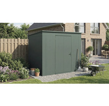 Gartenschrank aus Metall mit Tür in einem Garten