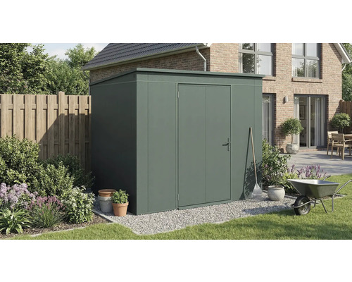 Gartenschrank aus Metall mit Tür in einem Garten