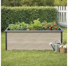 Hochbeet mit Gemüse, Gießkanne und Blumenkorb im Garten